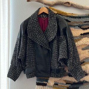 JONATHAN STEVENS Women's Oversized 80s Bomber Jacket Tweed & Leather Trim Black